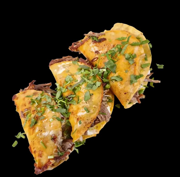 3 Amigos Quesabirria tacos filled with melted mozzarella, chipotle mayo, avocado, and sour cream, served with salsa
