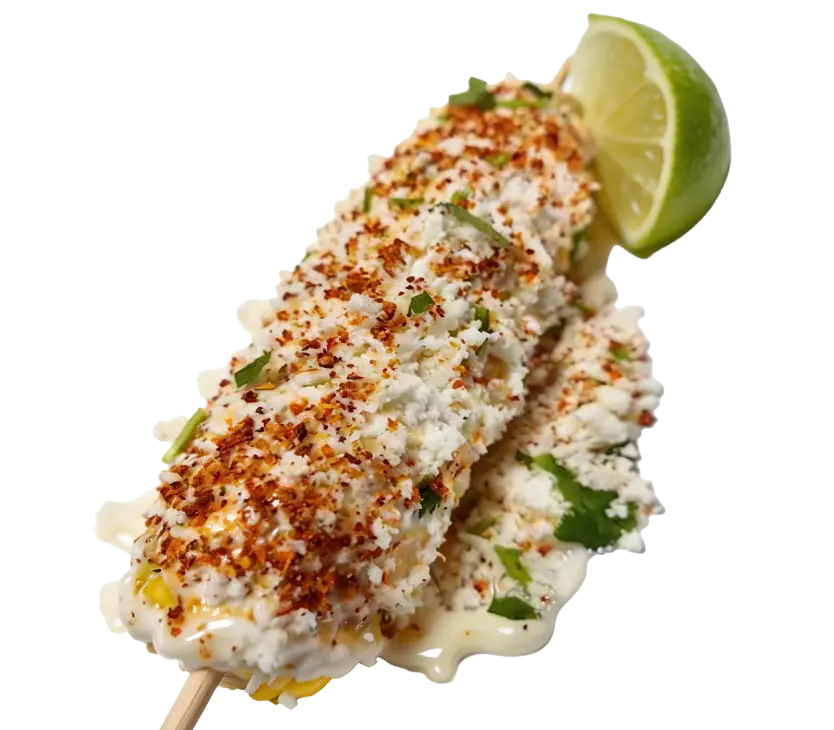 Mexican street corn on the cob topped with chipotle mayo, queso fresco, tajin, cilantro, and a squeeze of lime