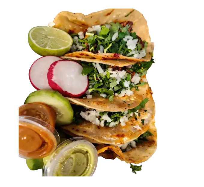 Mexican street tacos on corn tortillas topped with onions, cilantro, cucumbers, radish, lime, and salsa