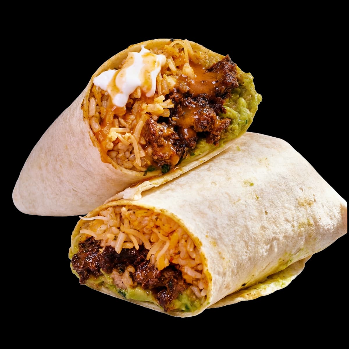 Santa Fe Burrito loaded with mozzarella, Mexican rice, avocado, sour cream, and salsa served with crispy fries