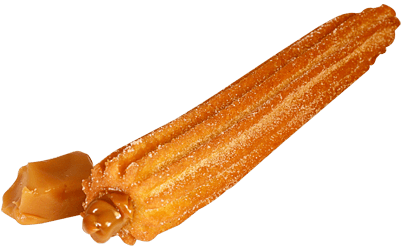 Caramel stuffed churro served with fresh strawberries and a creamy chocolate dip